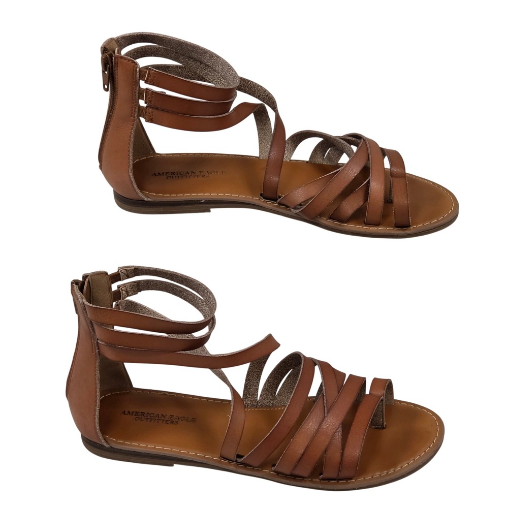 American Eagle Brown Leather Strappy Gladiator Flat Ankle Sandal Shoe Women 8
